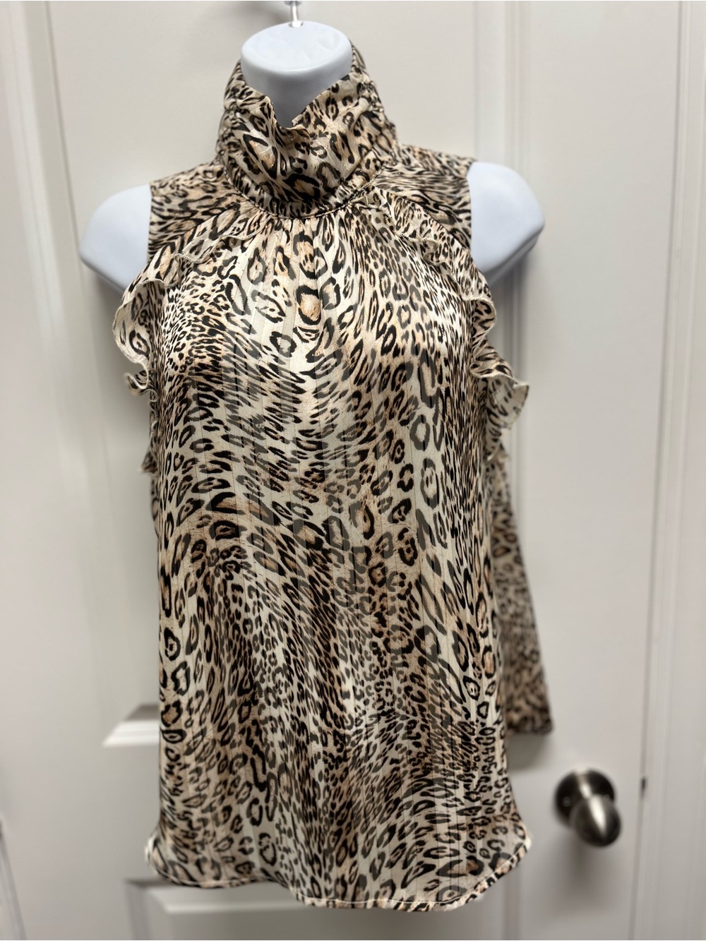 Veronica M. Leopard Print Ruffle High Neck Blouse Metallic Gold Stripe XS NWT